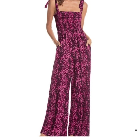 Maaji Bright Pink Brown Pattern Wide Leg Lightweight Pocket Jumpsuit Bow Smocked - Picture 1 of 13